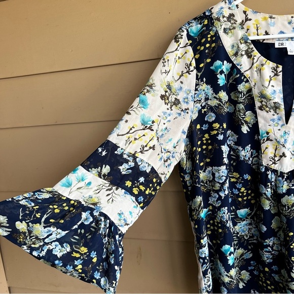 DR2 Boho Floral Long Sleeve Blouse - Size L - Mixed Print Modest Casual Hippie - Picture 2 of 5